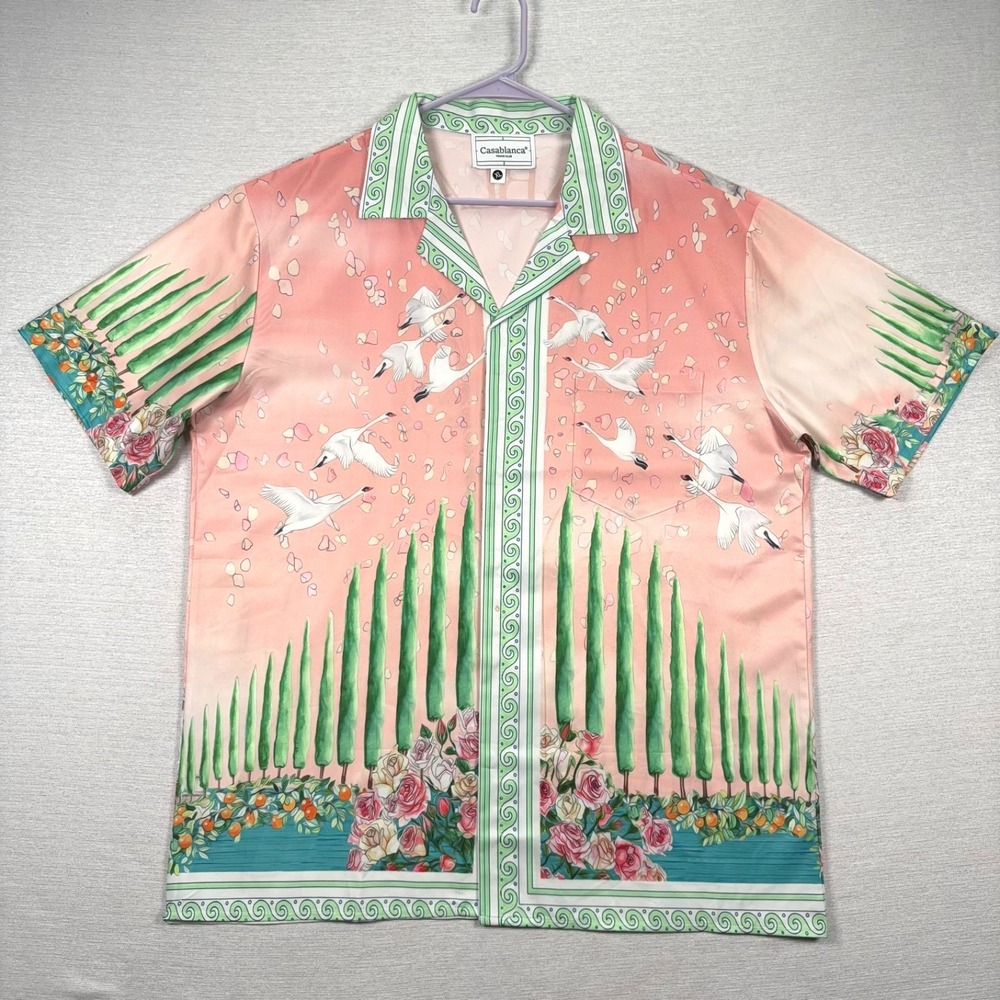 Casablanca Tennis Club Short Sleeve Shirt Mens XL Pink Green Polyester Button Up